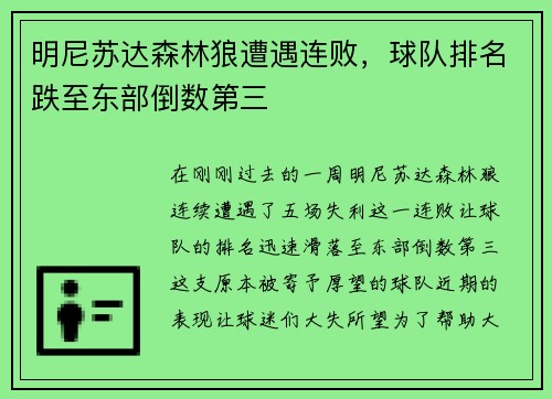 明尼苏达森林狼遭遇连败，球队排名跌至东部倒数第三